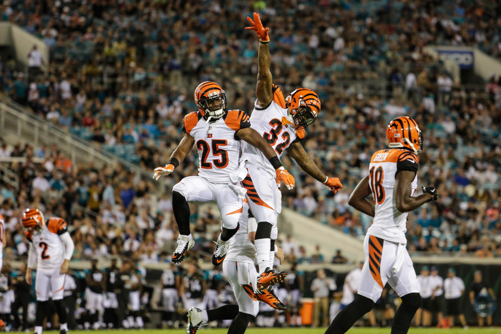 August 28, 2016: Cincinnati Bengals running back Giovani Bernard (25) and Cincinnati Bengals running back Jeremy Hill (32) celebrate a touchdown during the preseason game between the Jacksonville Jaguars and the Cincinnati Bengals at EverBank Field in Jacksonville, Fl.